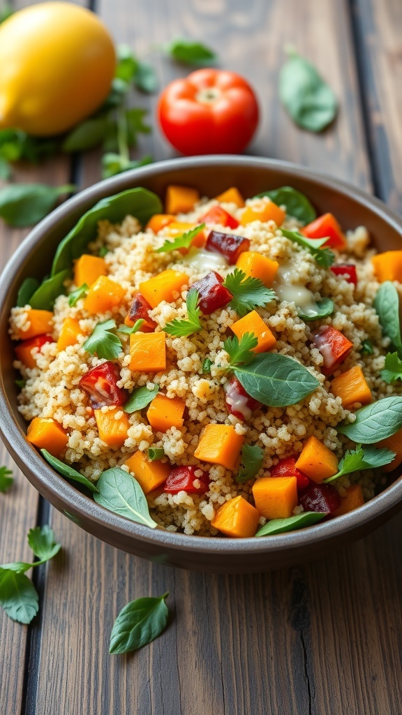 A colorful quinoa salad with roasted yams, bell peppers, and spinach, garnished with parsley in a rustic bowl.
